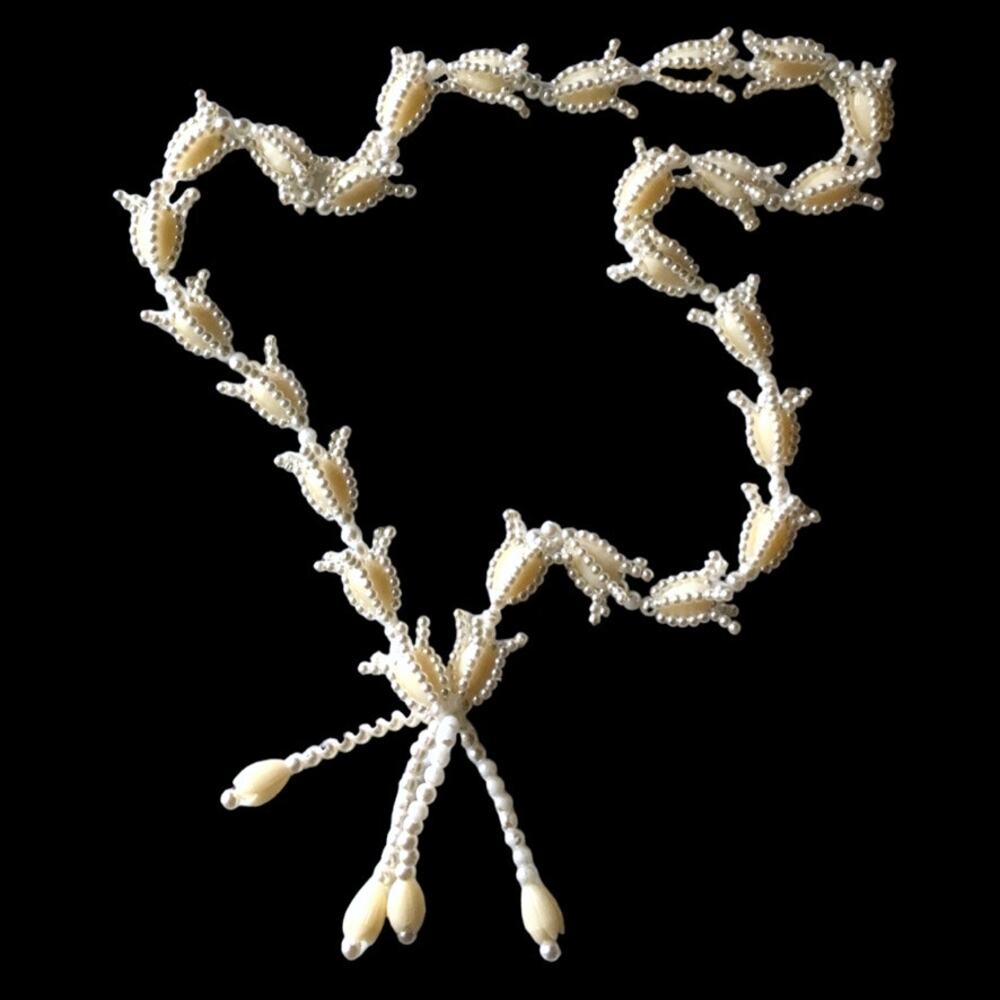 Vintage bridal beaded floral theme tassel necklace - white, faux pearls